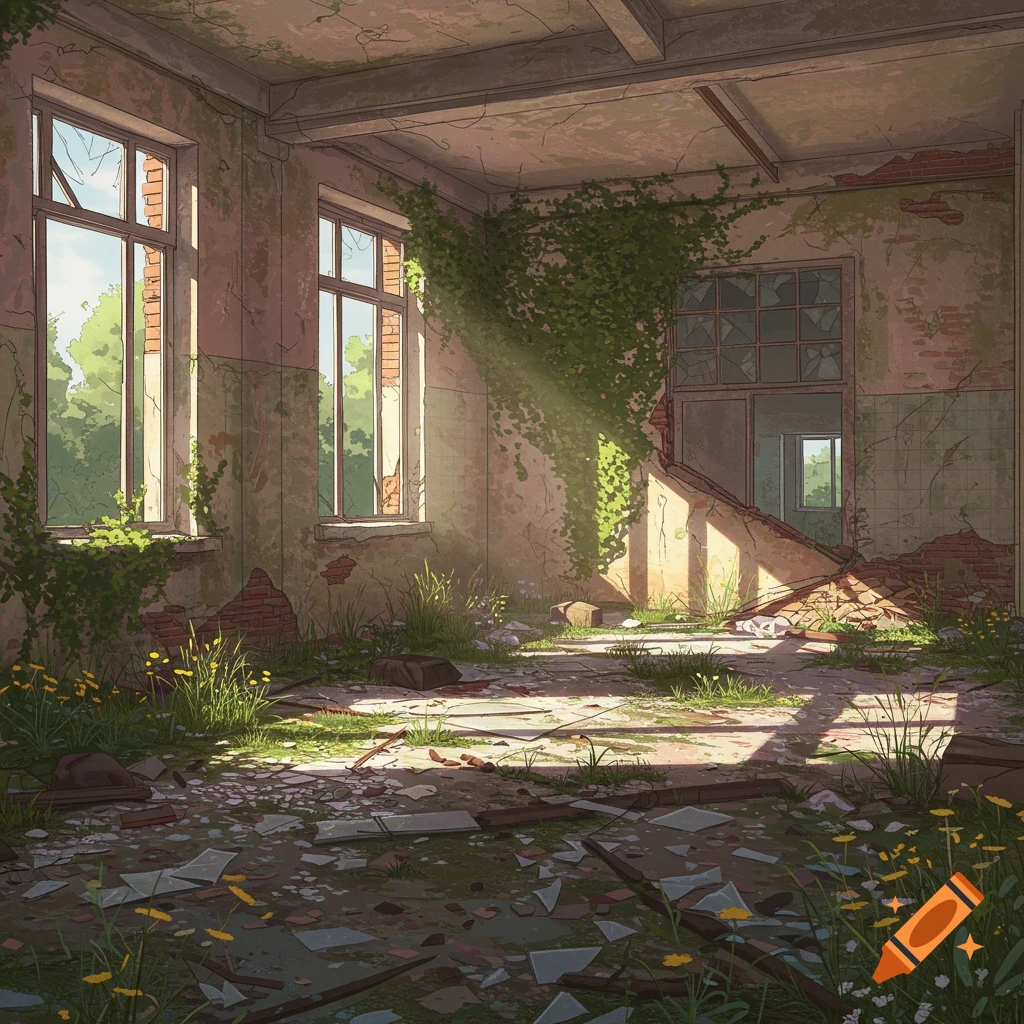 Illustrative view of a sunlit, abandoned room with broken windows, crumbling walls, and a floor overgrown with plants and debris.
