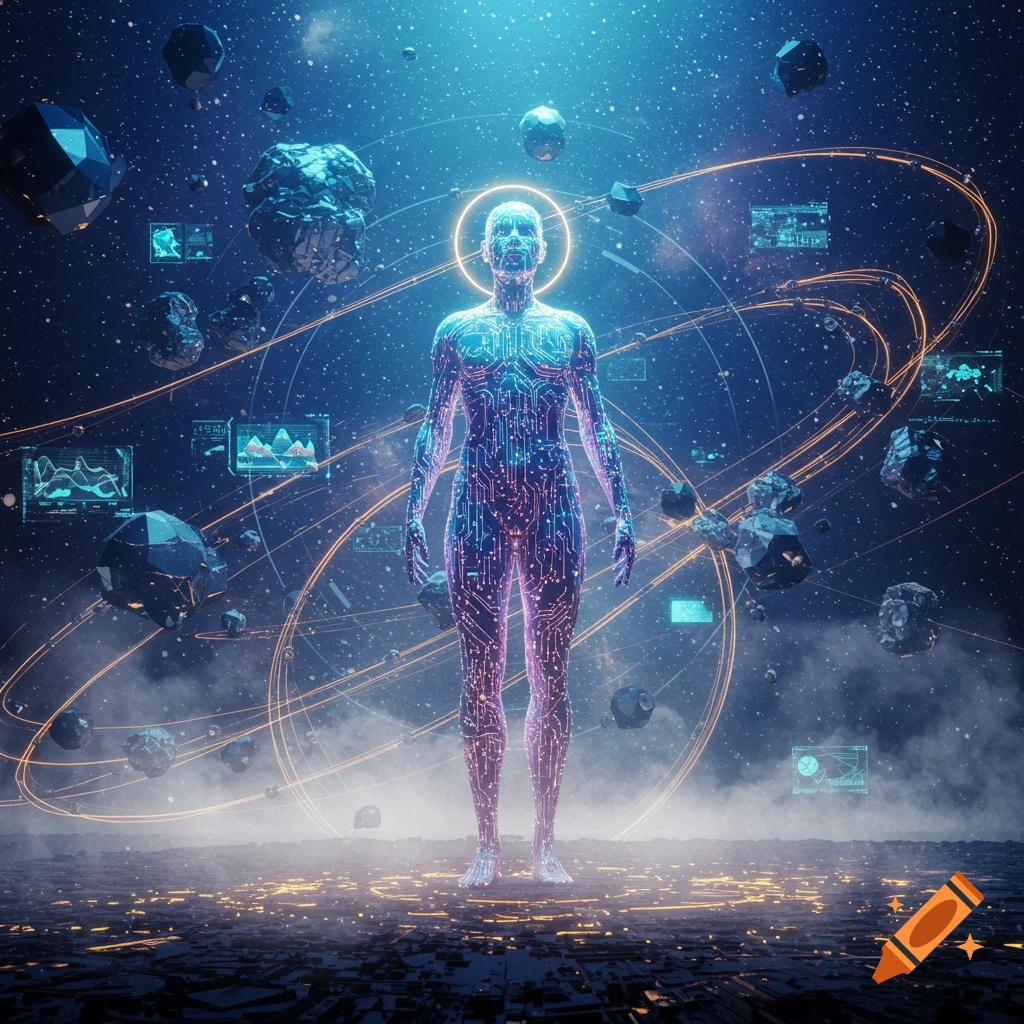 A glowing, circuit-patterned human figure stands in a cosmic digital landscape with floating screens and asteroids, in a futuristic style.