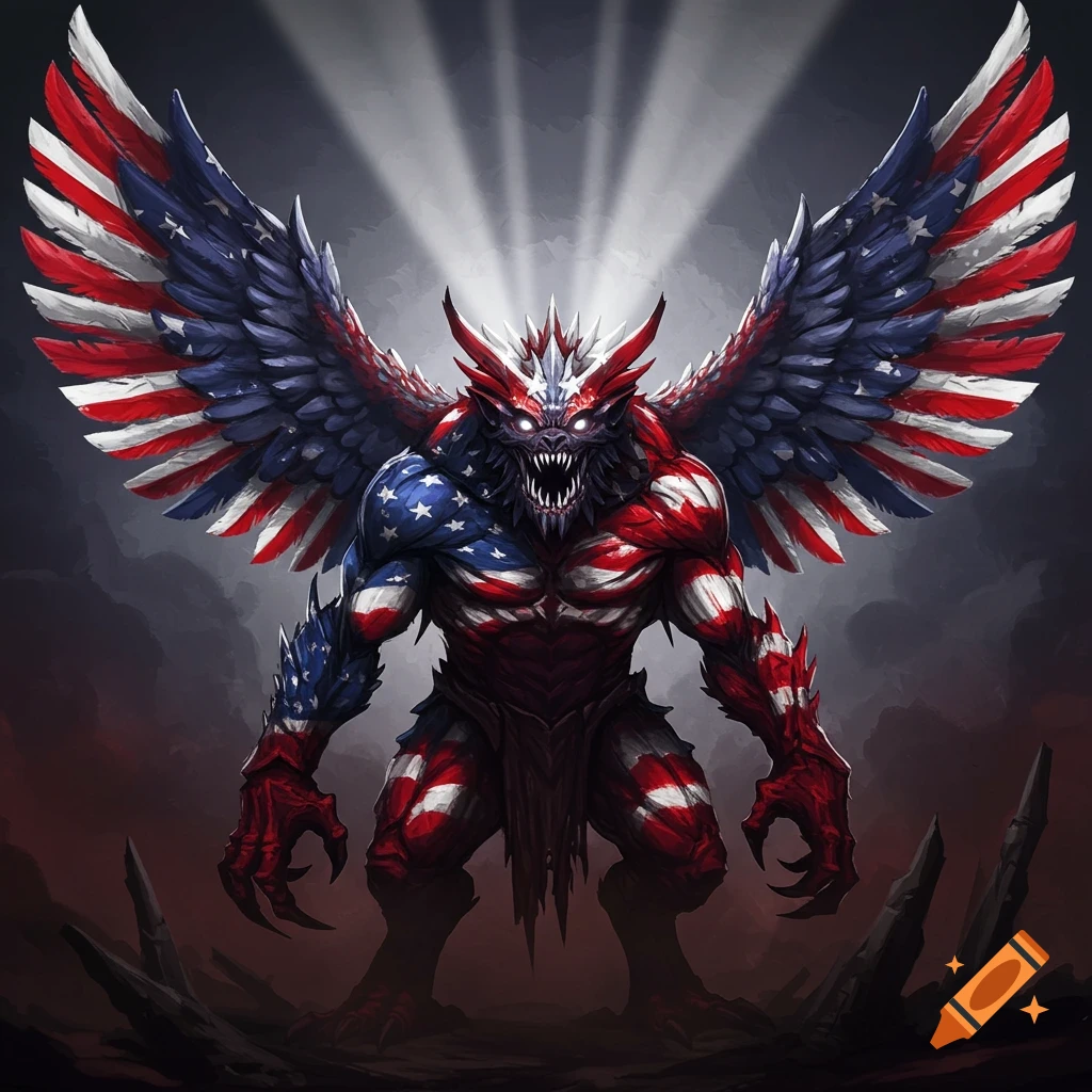 A muscular, winged monster with sharp claws and teeth, covered in the American flag design, standing in a dark, dramatic setting.