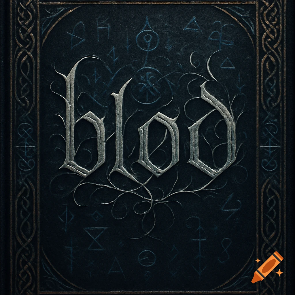 The word 'blóð' in a stylized gothic font on a dark, ornate background with occult symbols and celtic knotwork.