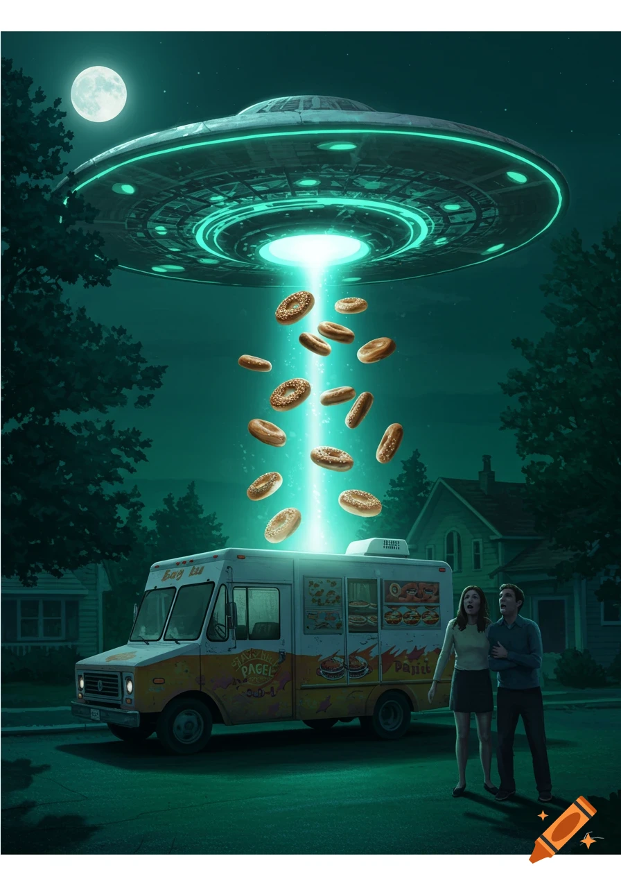 A UFO hovers over a bagel food truck at night, beaming up bagels. A man and a woman watch in horror, illuminated by the beam under a full moon.