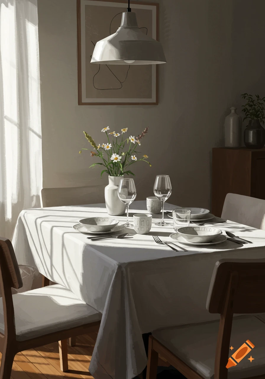 A white-clothed dining table set with dishes, glasses, and a vase of daisies, illuminated by sunlight through a window, in a warm, painterly style.