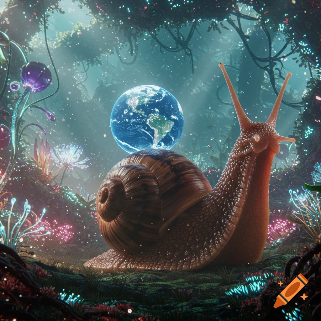 A majestic snail with the Earth as its shell crawls through a luminous, fantastical forest.