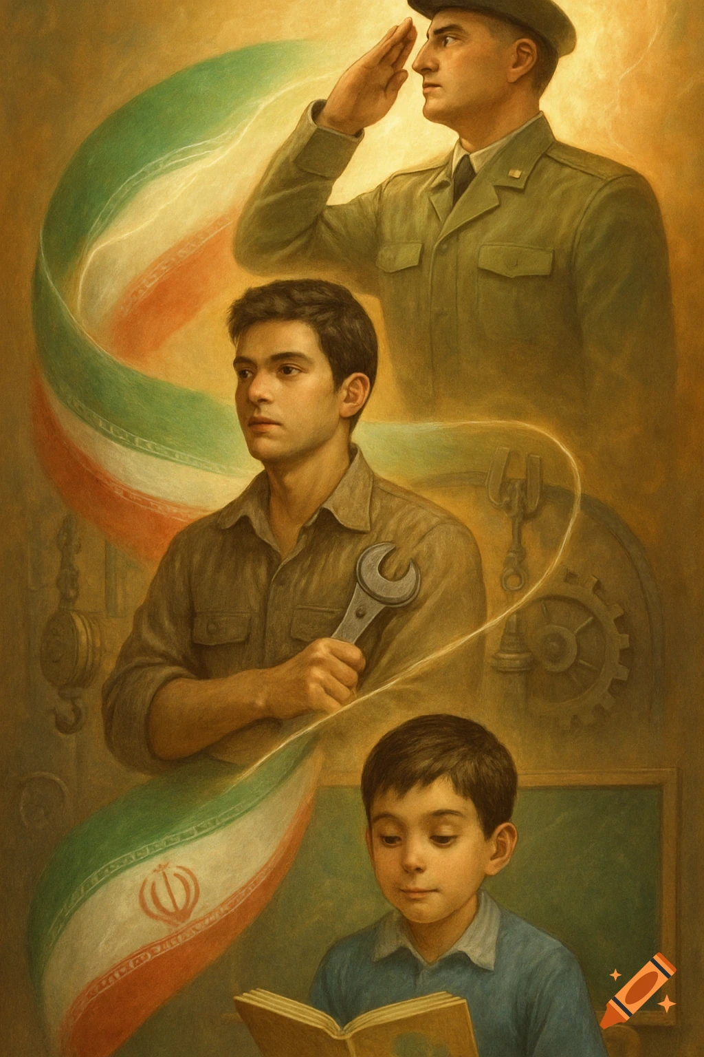 A patriotic triptych shows a boy reading, a young man with a wrench, and a soldier saluting, with the Iranian flag flowing in the background.