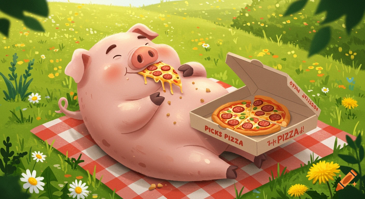 A cute, happy cartoon pig lounges on a red checkered blanket in a grassy field, eating a slice of pepperoni pizza from a box.