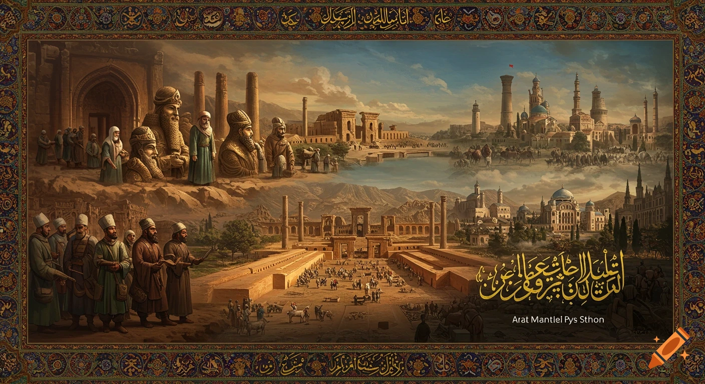 An ornate painting depicts a split view of an ancient Persian city with ruins, statues, and bustling crowds framed by a decorative border.