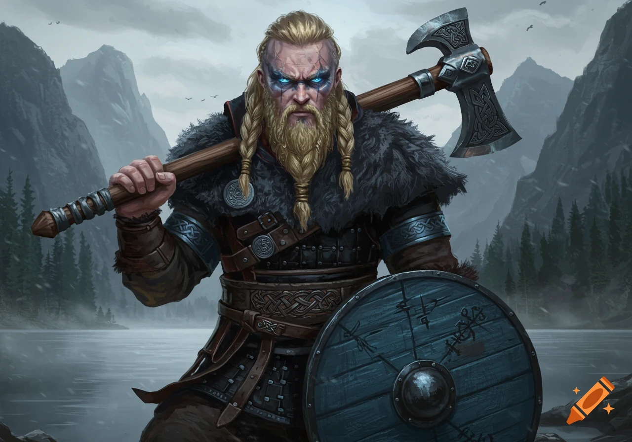 A formidable Viking warrior with blonde braids and piercing blue eyes, holding a battle axe and shield against a misty Nordic fjord background in a dramatic digital art style.