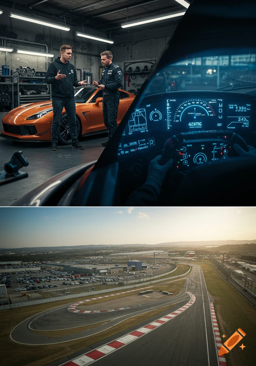 Split-screen: Men with an orange sports car, a cockpit view of a digital dash, and an aerial shot of a race track.