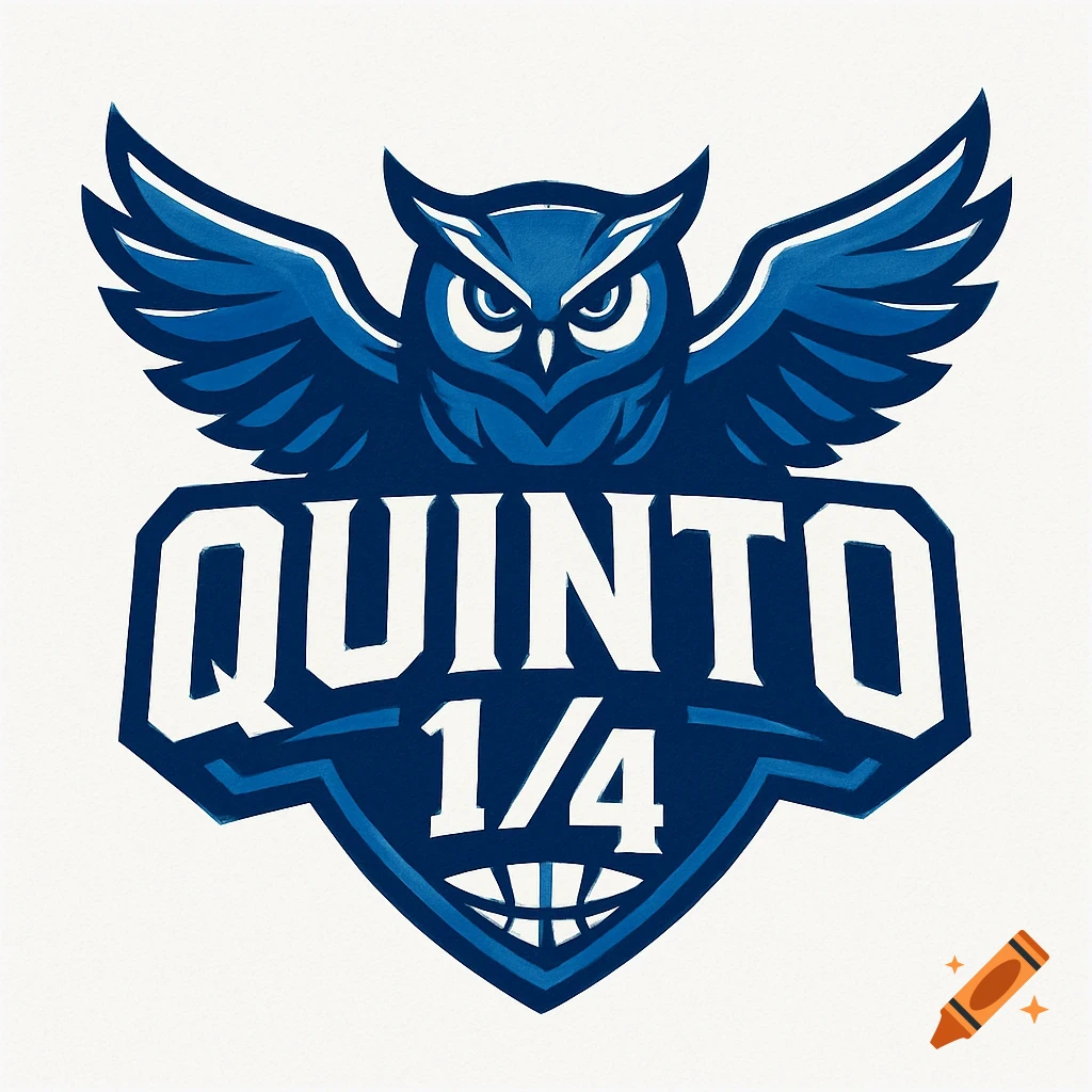 Blue and white basketball team logo featuring an owl above "QUINTO 1/4" text within a shield shape.