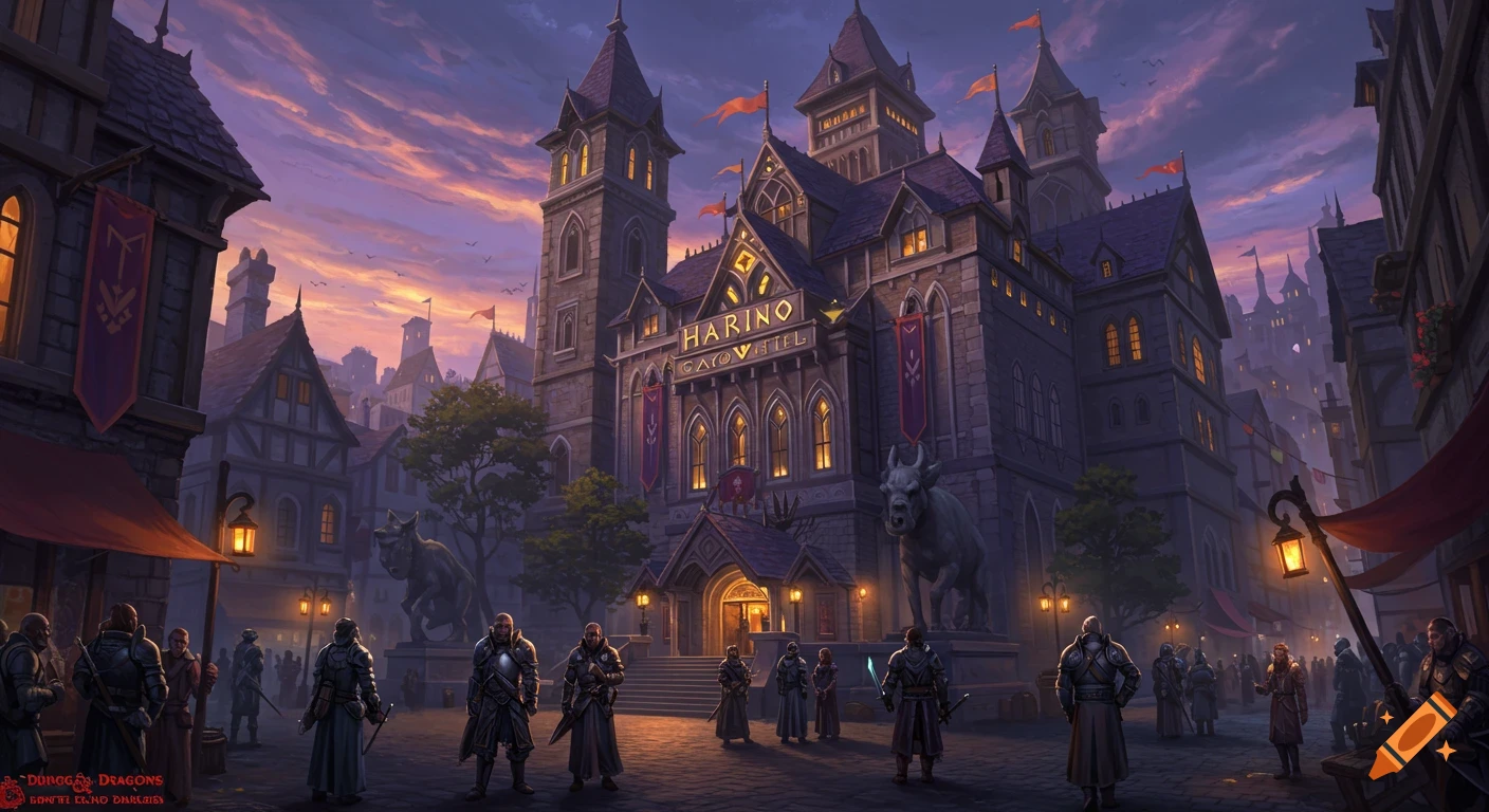 A Dungeons & Dragons style illustration of a fantasy town square at dusk, with a large ornate hotel and armored figures.