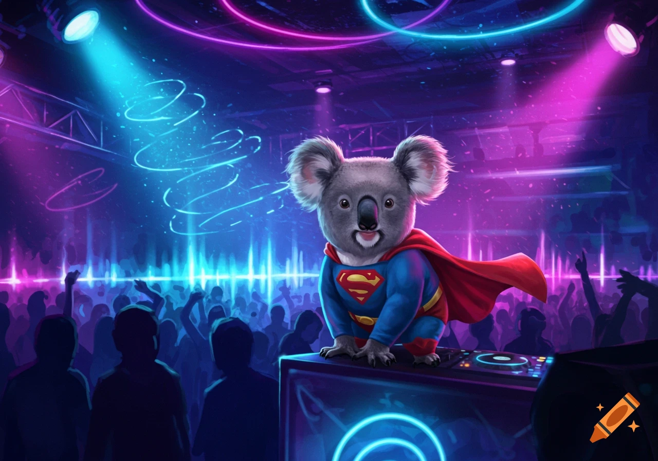 A koala dressed as Superman stands on a DJ deck, performing in a neon-lit nightclub with dancing silhouettes.