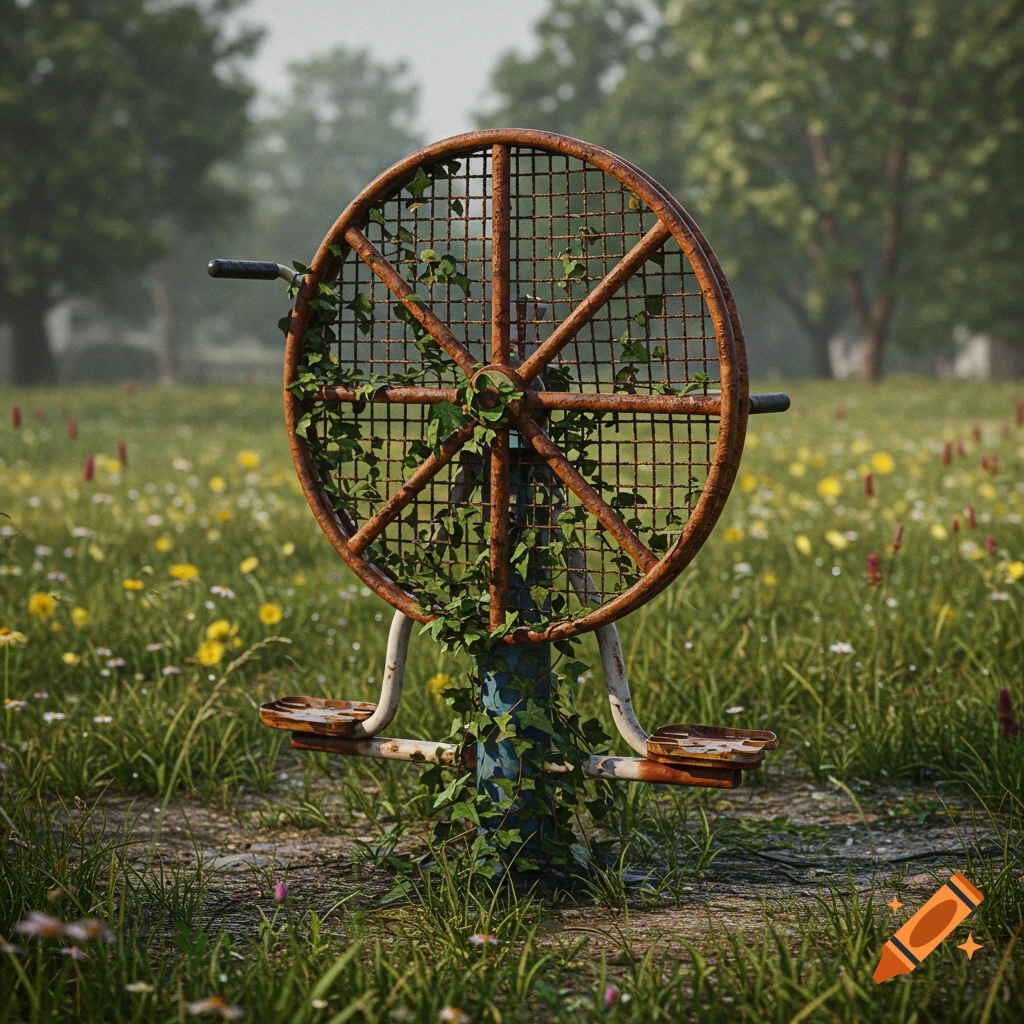 An old, rusty exercise wheel overgrown with ivy stands in a vibrant, grassy field with wildflowers.