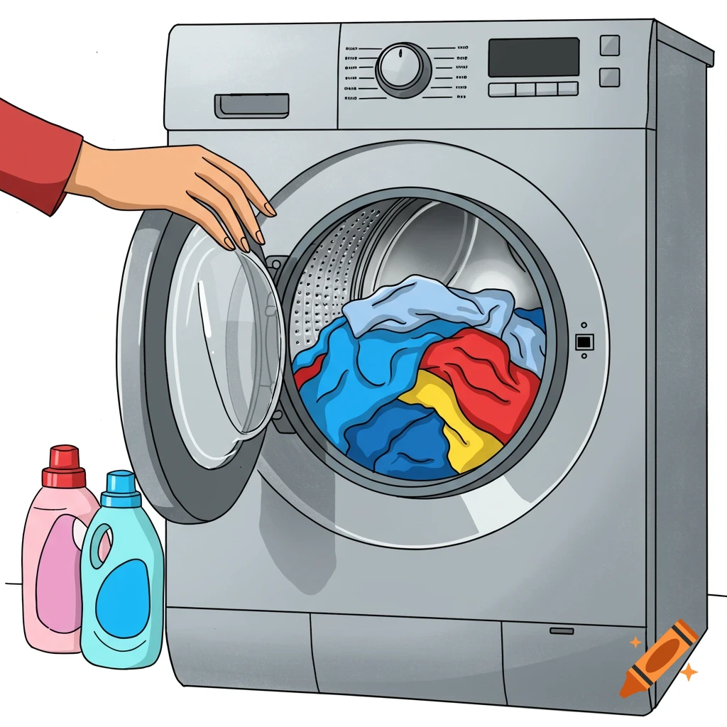 A clipart illustration of a hand putting colorful laundry into an open washing machine, with detergent bottles on the side.