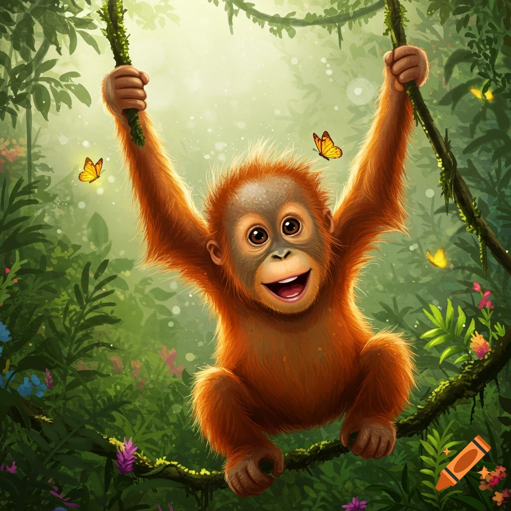A super happy baby orangutan with bright orange fur swings on a vine in a lush green jungle, surrounded by glowing butterflies.