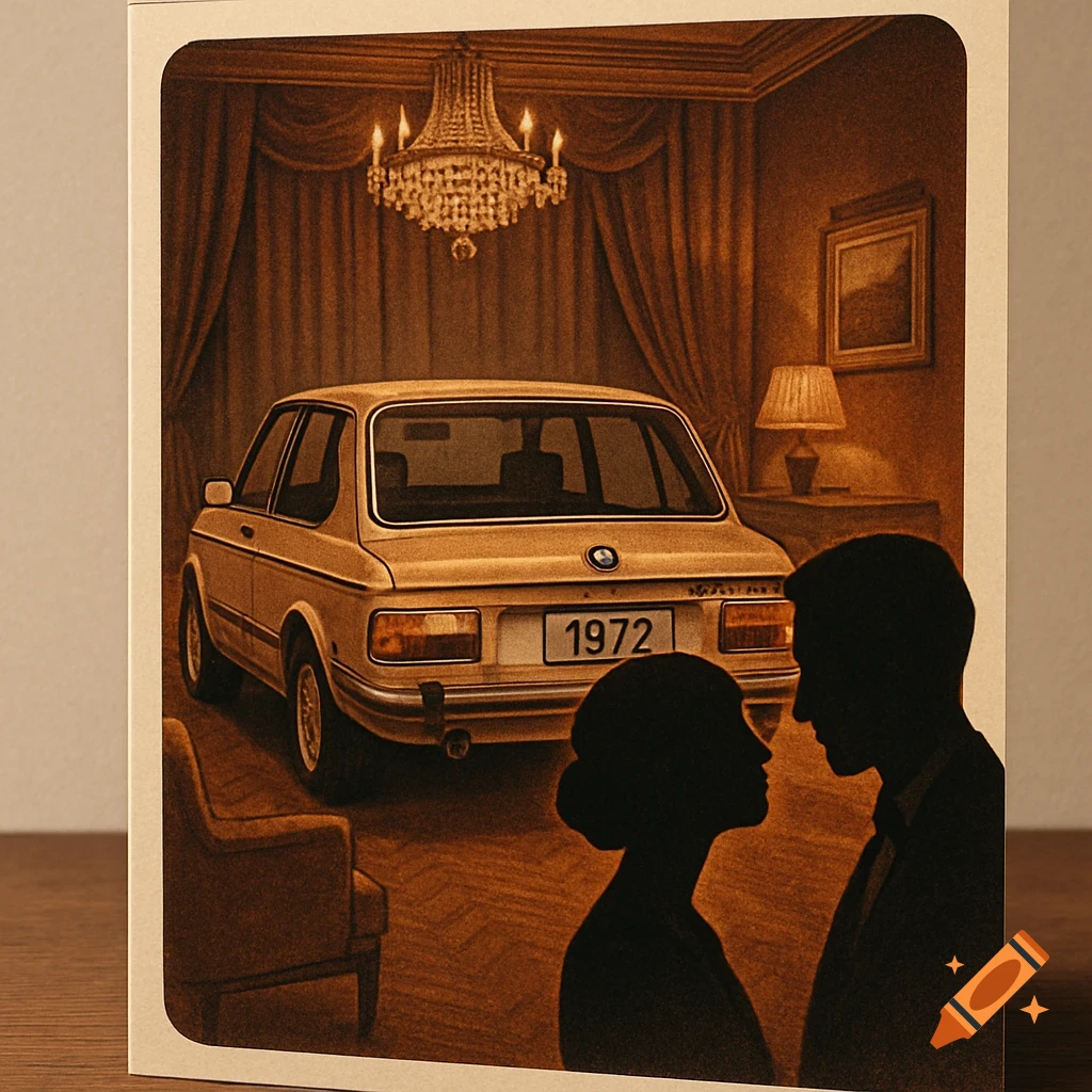 A sepia-toned illustration on a greeting card depicts a vintage 1972 BMW in a luxurious room, with silhouettes of a couple in the foreground.