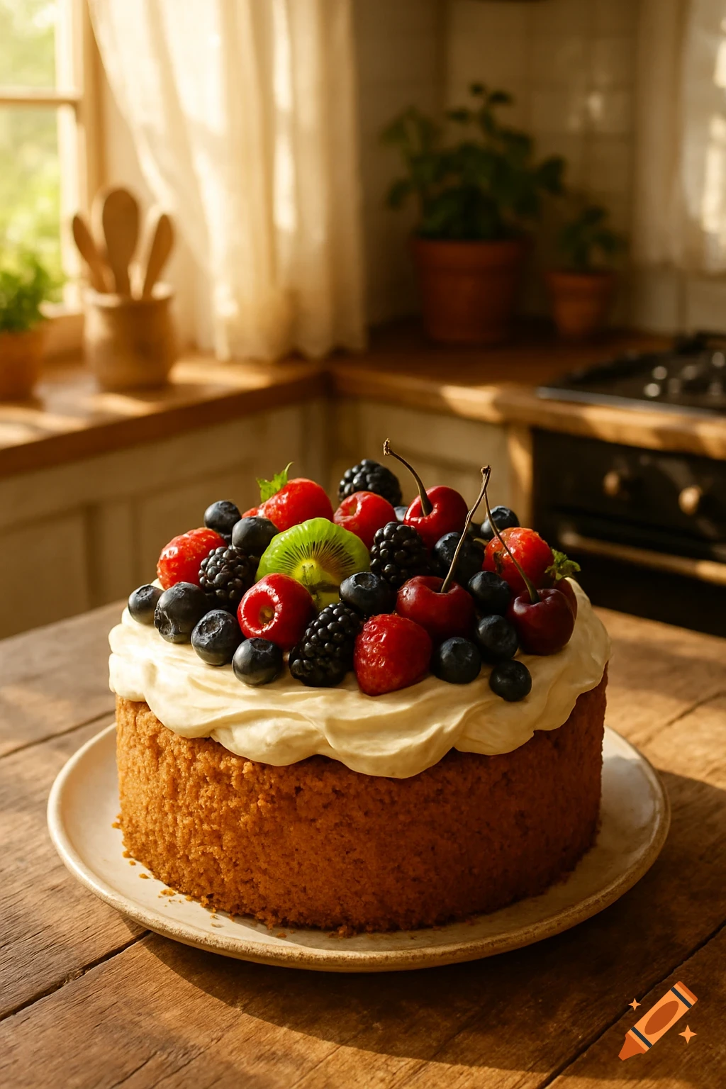 A photorealistic cake topped with whipped cream and a variety of fresh berries and kiwi slices on a wooden table in a sunlit kitchen.