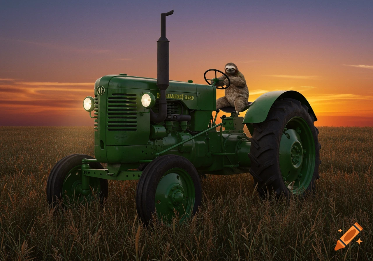 A sloth drives a green vintage tractor through a golden field at sunset, looking directly at the viewer.
