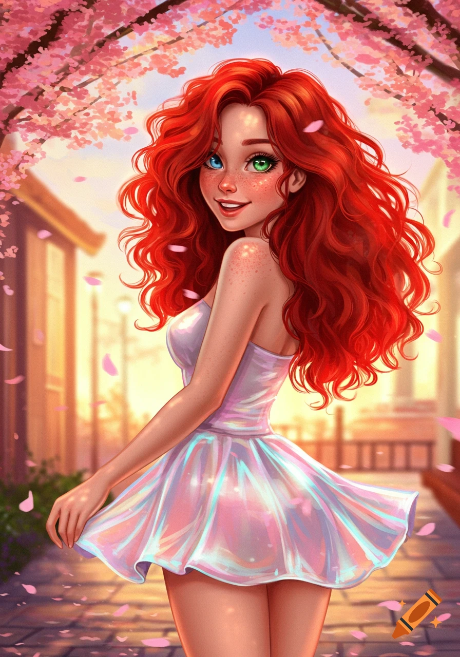 Smiling woman with long red curly hair, heterochromatic eyes, and freckles in a shiny short dress under cherry blossoms, illustrated style.