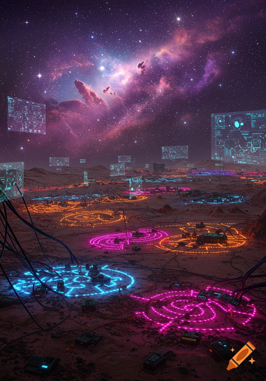 A vibrant nebula fills the night sky above a barren alien planet, crisscrossed with glowing neon circuit patterns, wires, and holographic displays.
