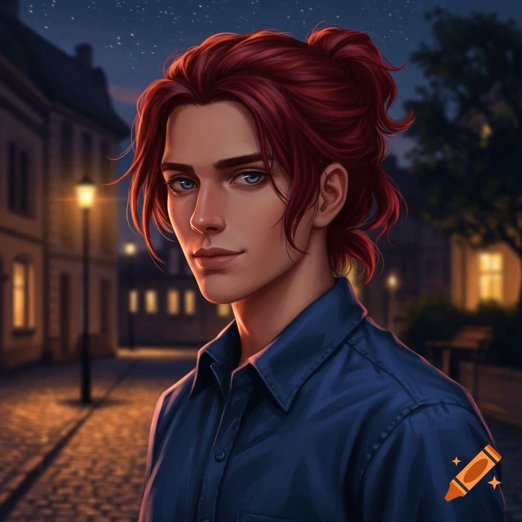 Stylized portrait of a young man with dark red hair tied back, blue eyes, wearing a dark blue shirt, on a cobblestone street at night.
