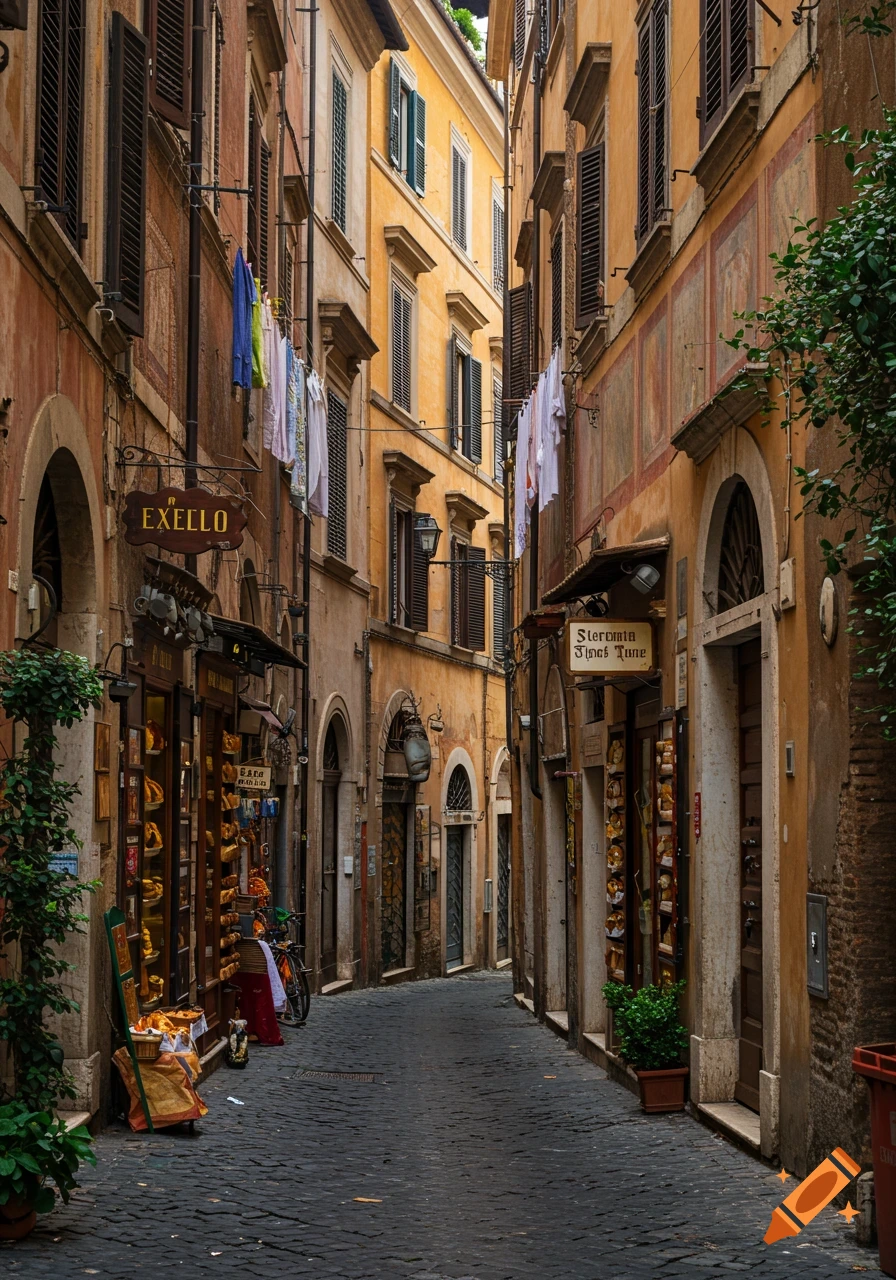 A narrow, cobblestone alley lined with old, multi-story buildings, some with clotheslines and shop signs, in a European city.