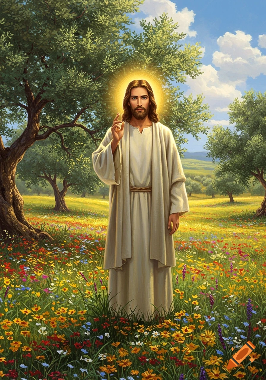 Painting of Jesus Christ with a halo, standing in a field of colorful wildflowers under a blue sky.