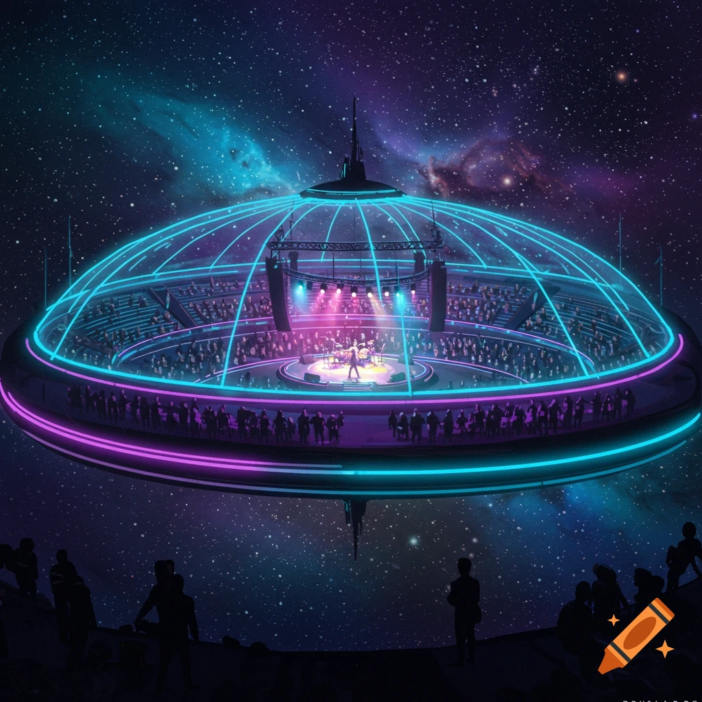 A stylized digital painting of a floating space arena with a transparent dome, a band on a glowing stage, and an audience, against a starry nebula backdrop.