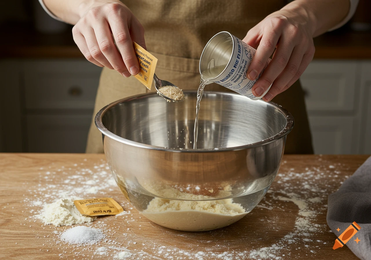Close-up of hands pouring water from a measuring cup into a metal bowl with flour and adding instant yeast and sugar from a spoon, surrounded by scattered flour and salt on a wooden table.