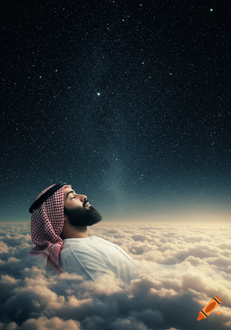 A peaceful man in a keffiyeh sleeps on soft glowing clouds under a starry night sky, rendered in a detailed, cinematic style.