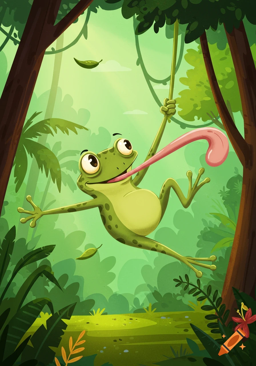 A funny cartoon frog swings through a lush green jungle, tongue extended, in a vibrant illustration style.