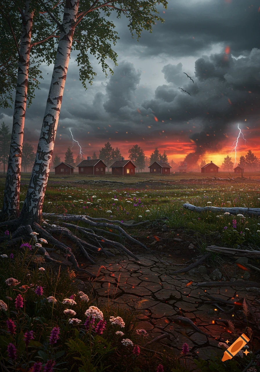 A dramatic apocalyptic landscape with birch trees and houses under a stormy sky, fiery sunset, and lightning. Cracked earth in the foreground.