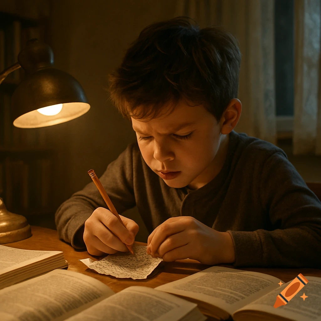 A focused young boy writes on a small piece of paper by lamplight, surrounded by open books.