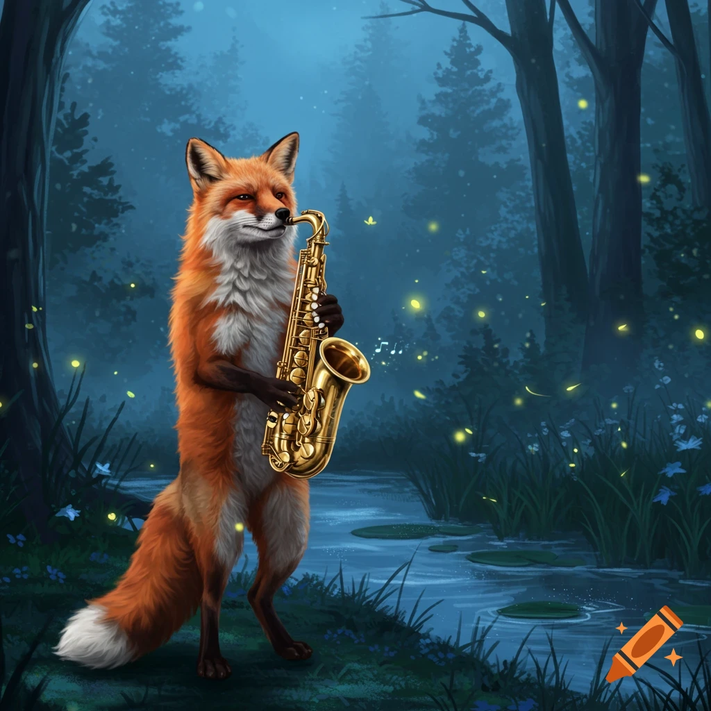 An anthropomorphic red fox plays a golden saxophone in a dark, mystical forest lit by fireflies.