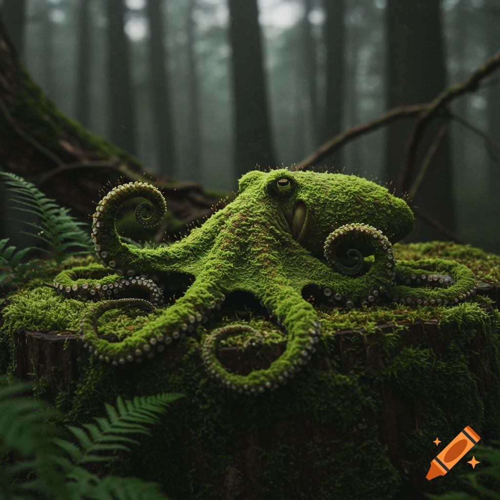 Photorealistic moss-covered octopus camouflaged on a mossy tree stump in a dark, misty forest.