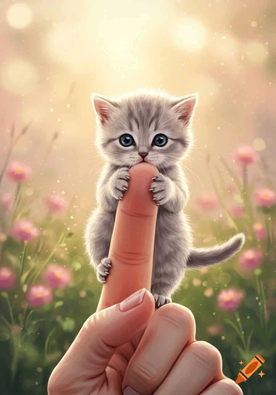 A cute, fluffy gray tabby kitten with blue eyes clings to a human finger in a sunny, blurry field of pink flowers.