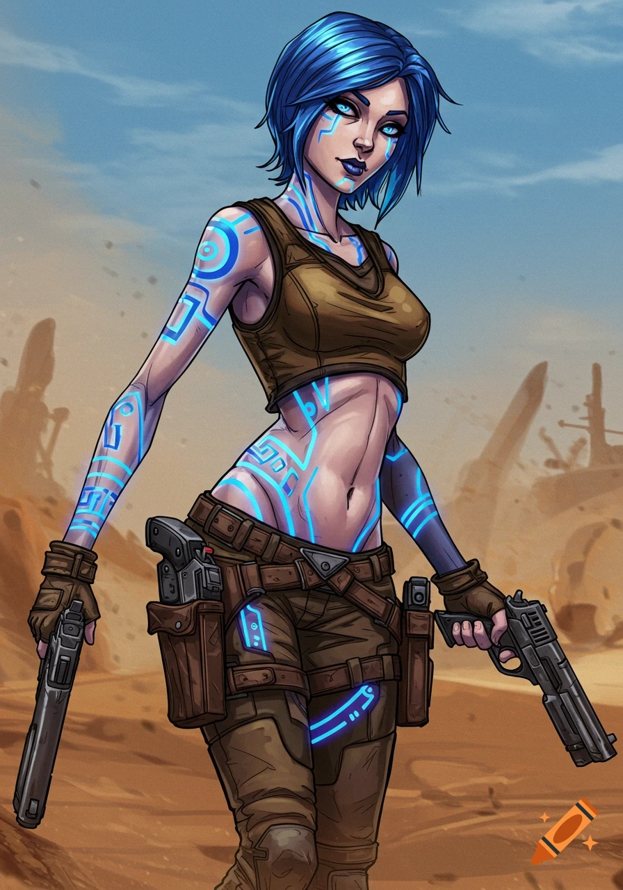 Cel-shaded Maya from Borderlands 2, a blue-haired woman with glowing tattoos, wearing a brown crop top, holding two pistols in a desert.