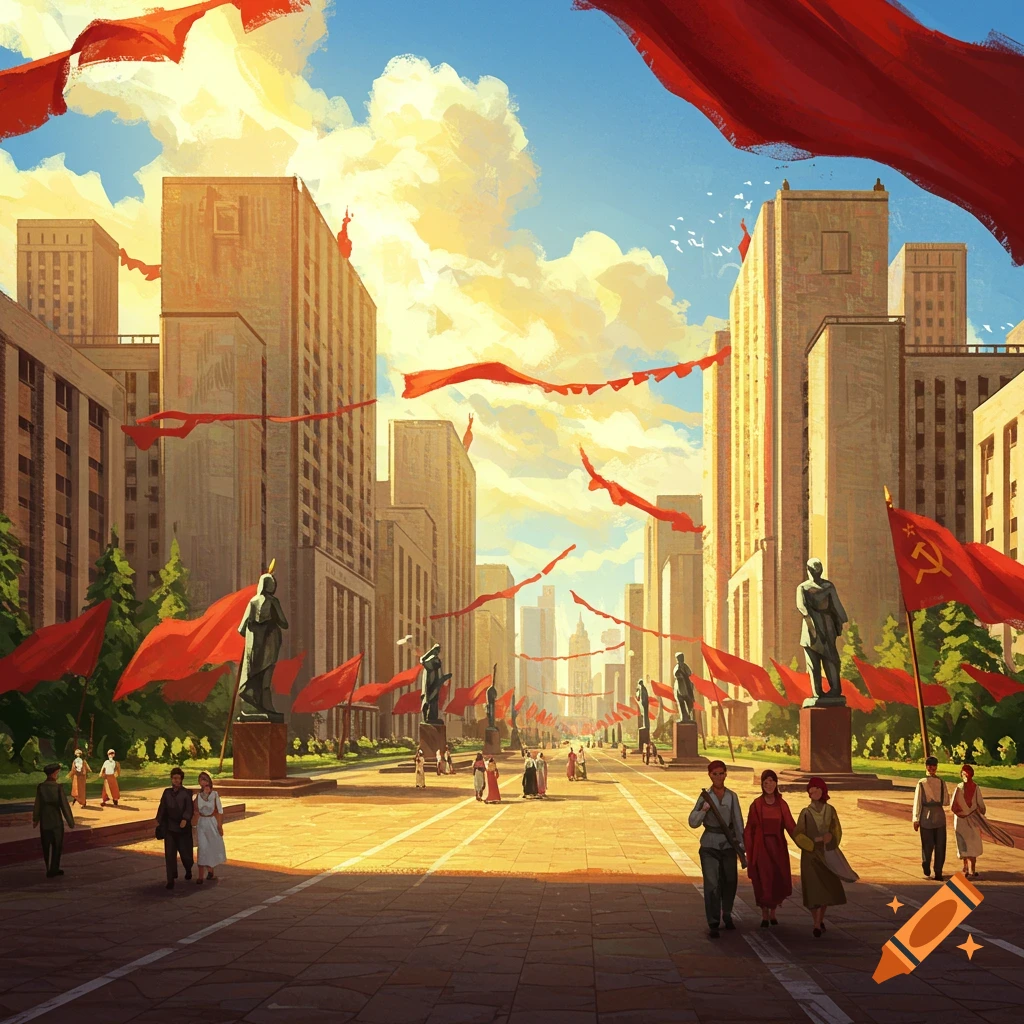 A sunlit, painterly illustration of a Soviet cityscape with tall buildings, statues, and numerous red flags, some bearing the hammer and sickle, on a busy boulevard.