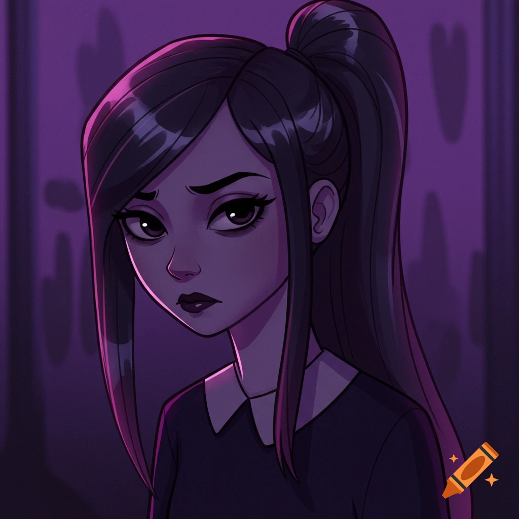 A cartoon portrait of a girl with dark hair in a high ponytail and a sad, mad expression, in purple light.