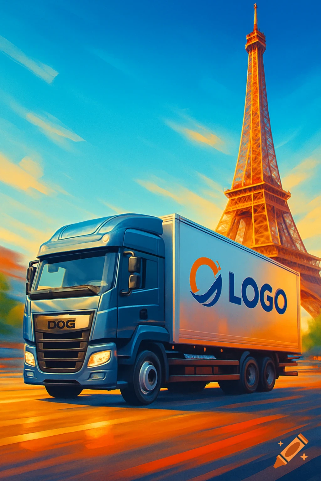 Dynamic advertising image of a blue modern truck with a logo on its side, speeding past the Eiffel Tower under a clear blue sky, in a vibrant, illustrative style.