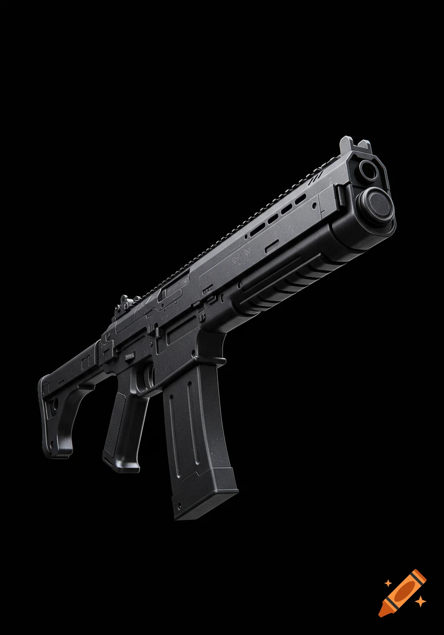 A sleek, jet black assault blaster with a magazine and stock, presented at an angle against a black background.