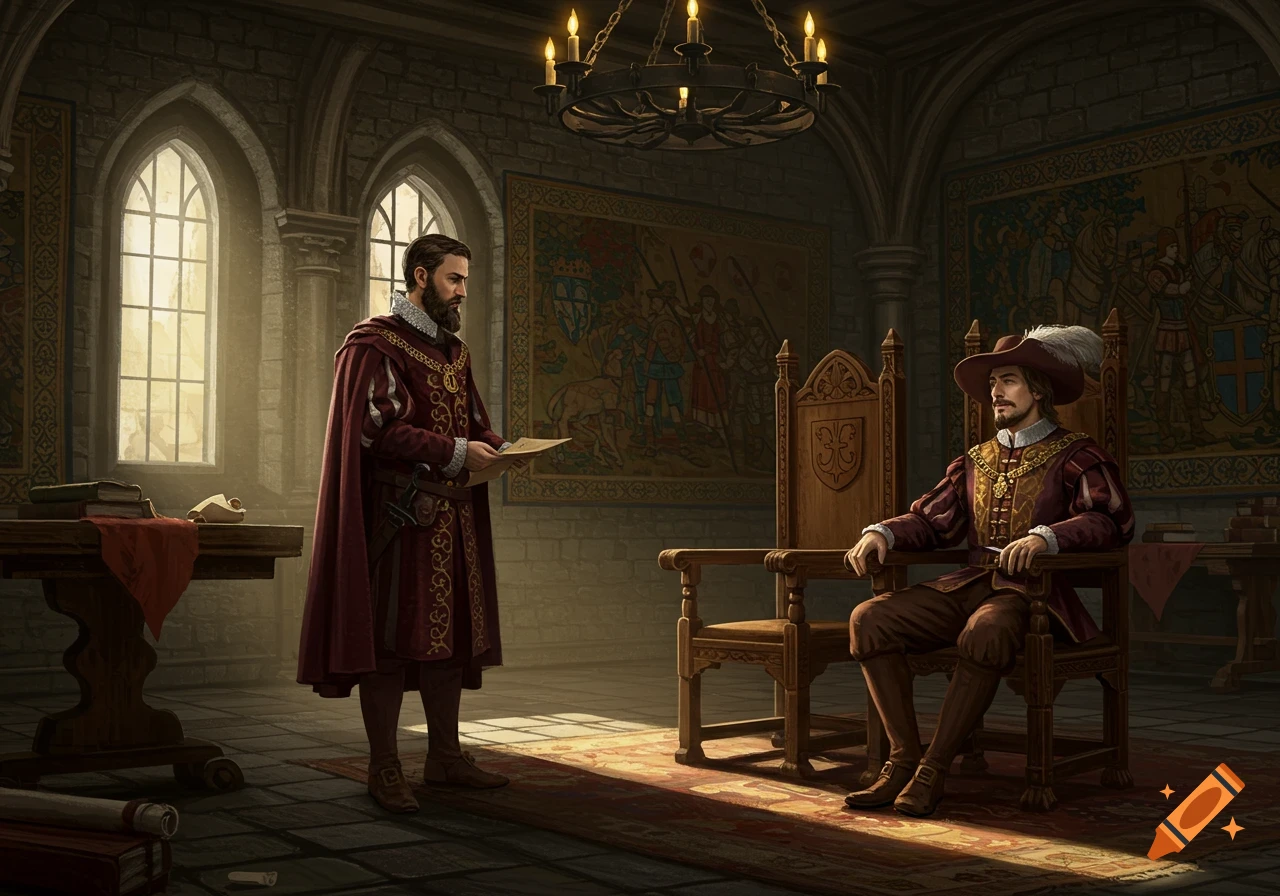 Two men in rich medieval robes in a grand hall. One stands holding a letter, addressing another seated in an ornate chair.