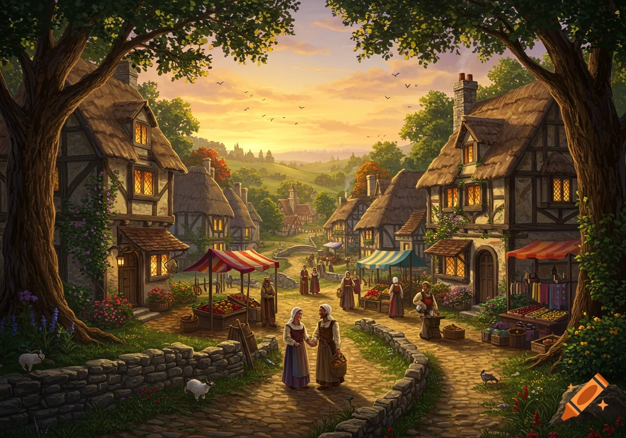 A vibrant, detailed illustration of a bustling medieval fantasy village at sunset, with market stalls and villagers.