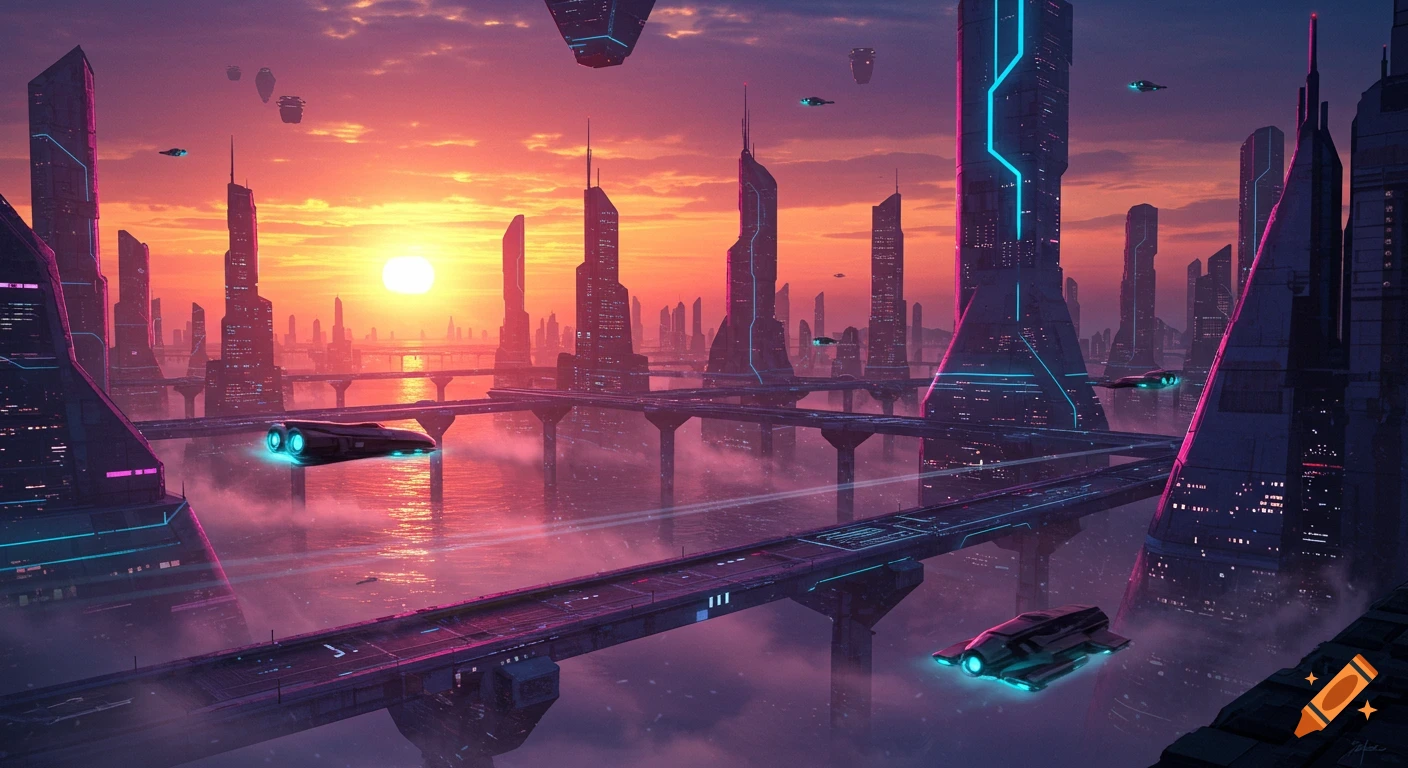 Vibrant futuristic cityscape at sunset with glowing neon buildings, elevated roads, and flying vehicles.