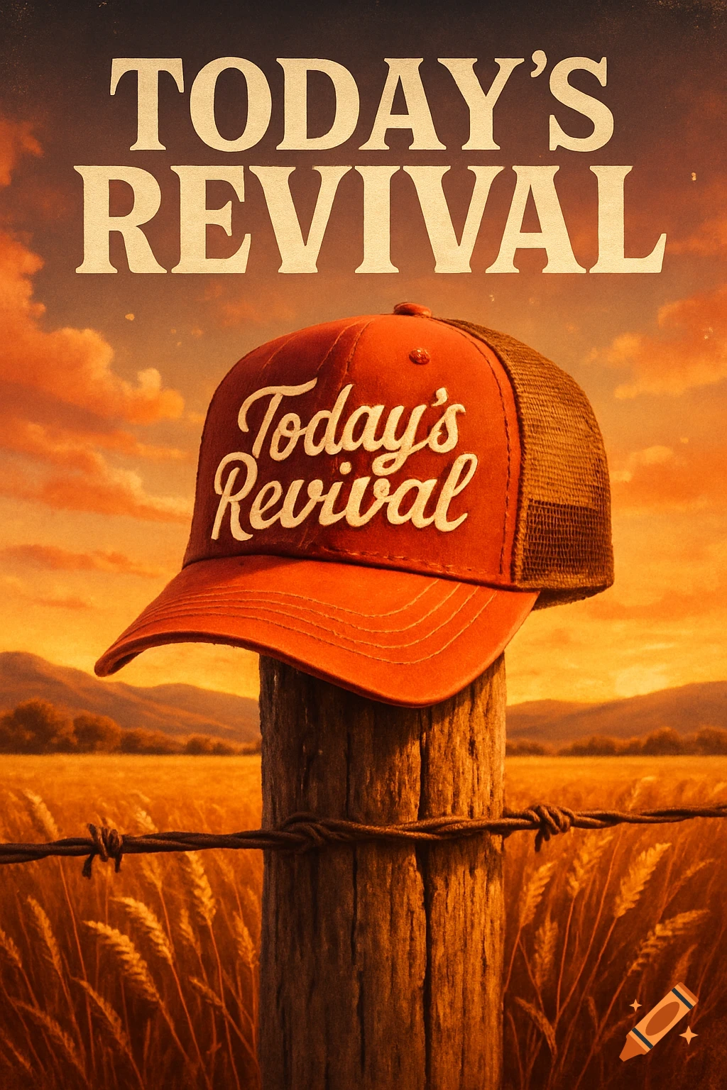An orange trucker hat with "Today's Revival" on a wooden fence post with barbed wire, set against a wheat field at sunset. Album cover style.