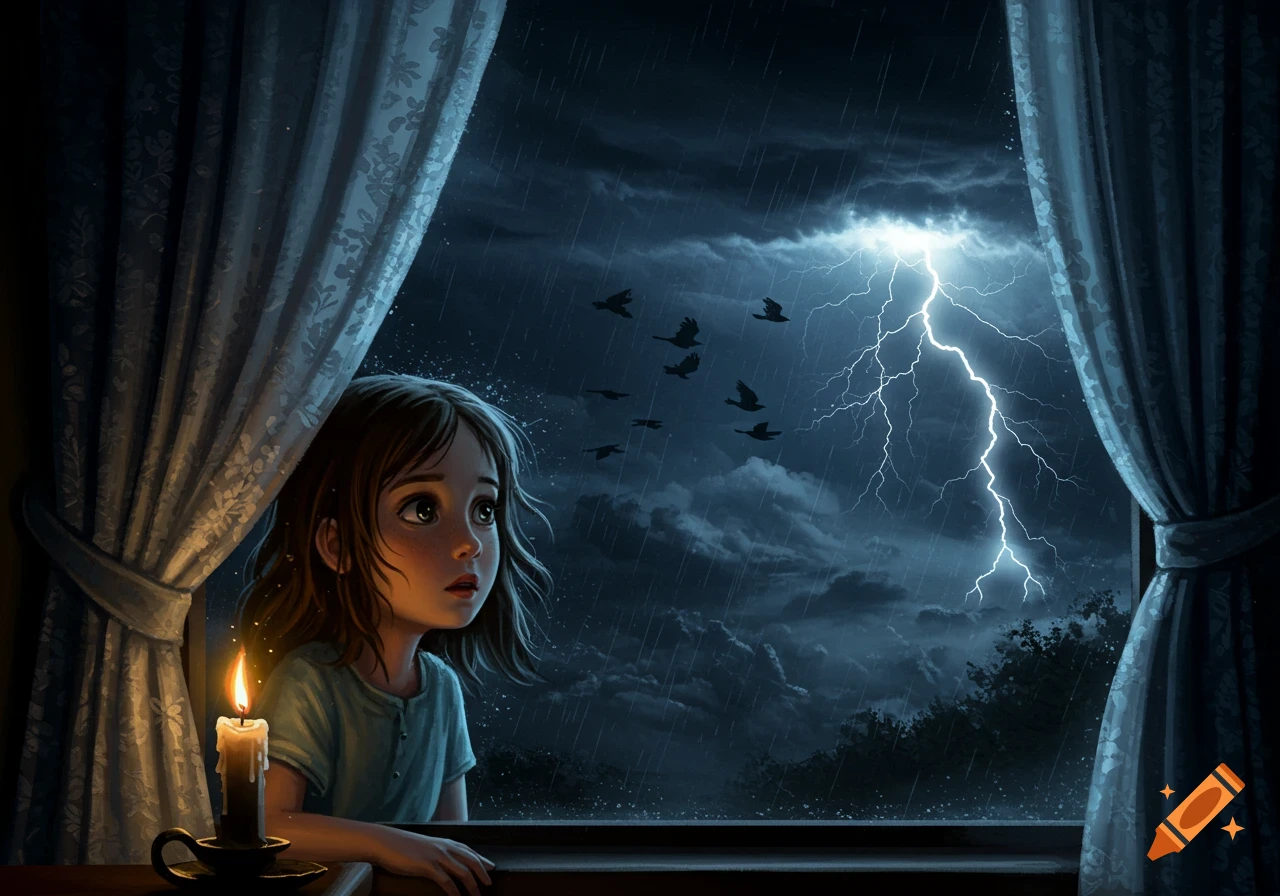 A wide-eyed girl sits by a window, illuminated by a candle, watching a stormy night with lightning and birds.