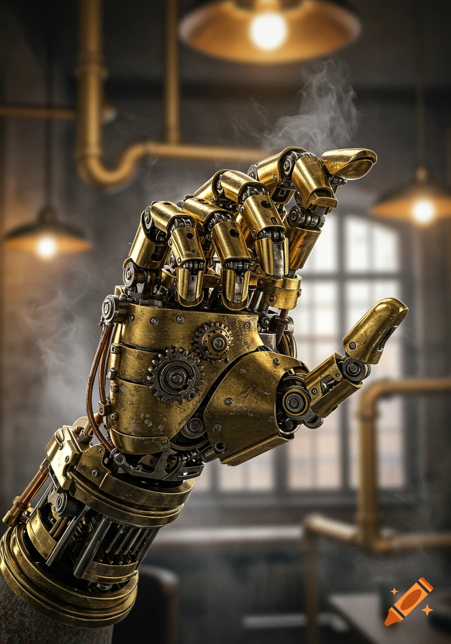 Close-up of a rusted golden steampunk robot hand with gears and pipes, emitting smoke, against a blurry industrial background.