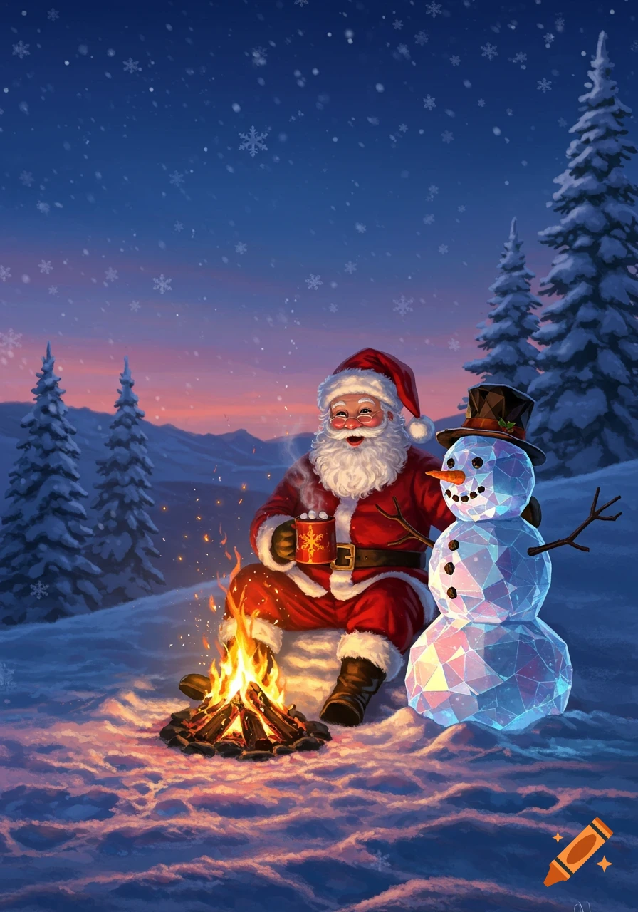 Santa Claus sips from a mug beside a gem-like snowman and campfire in a snowy winter night with falling snowflakes.