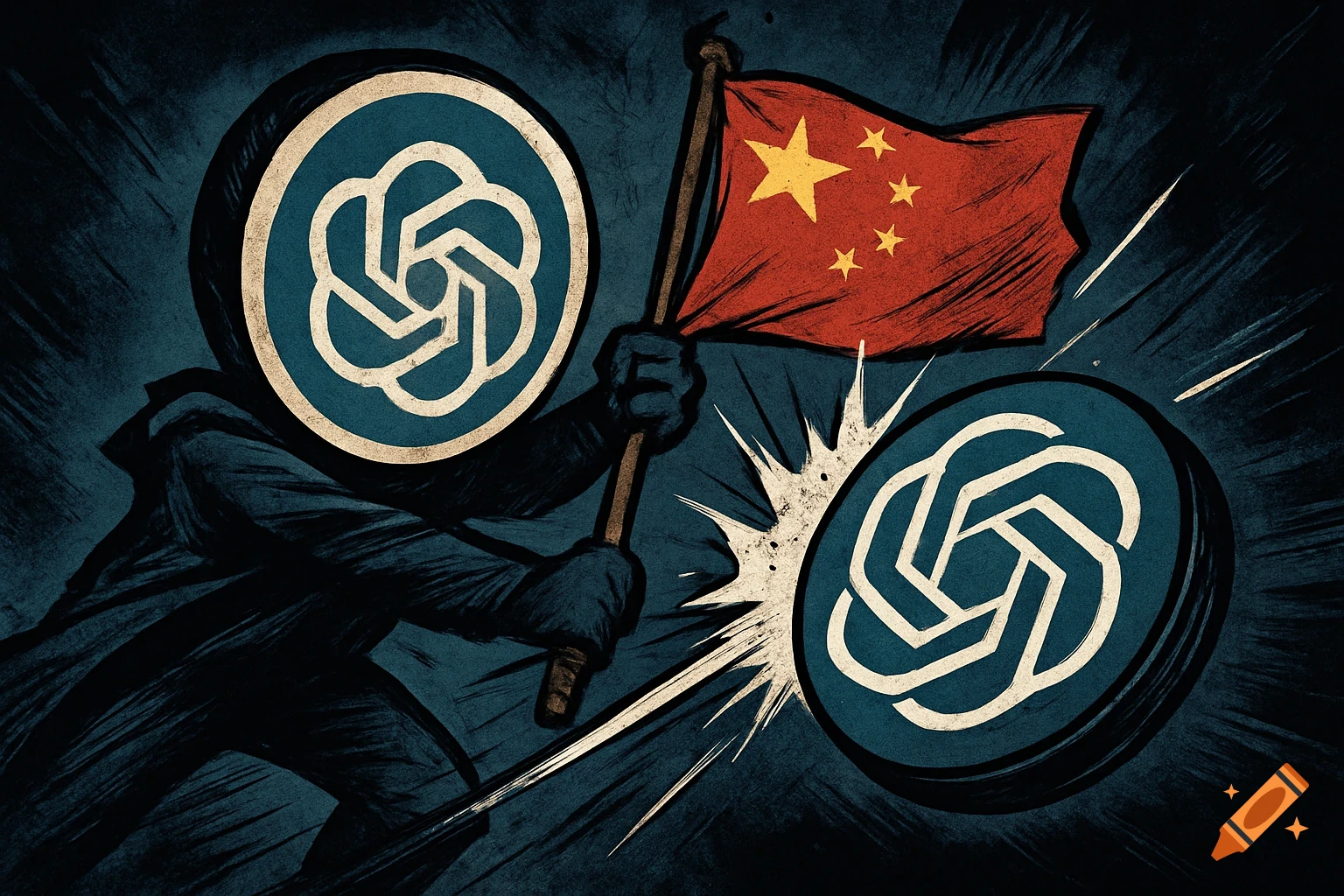 Comic book illustration of a figure with a ChatGPT logo head wielding a Chinese flag to strike another ChatGPT logo.