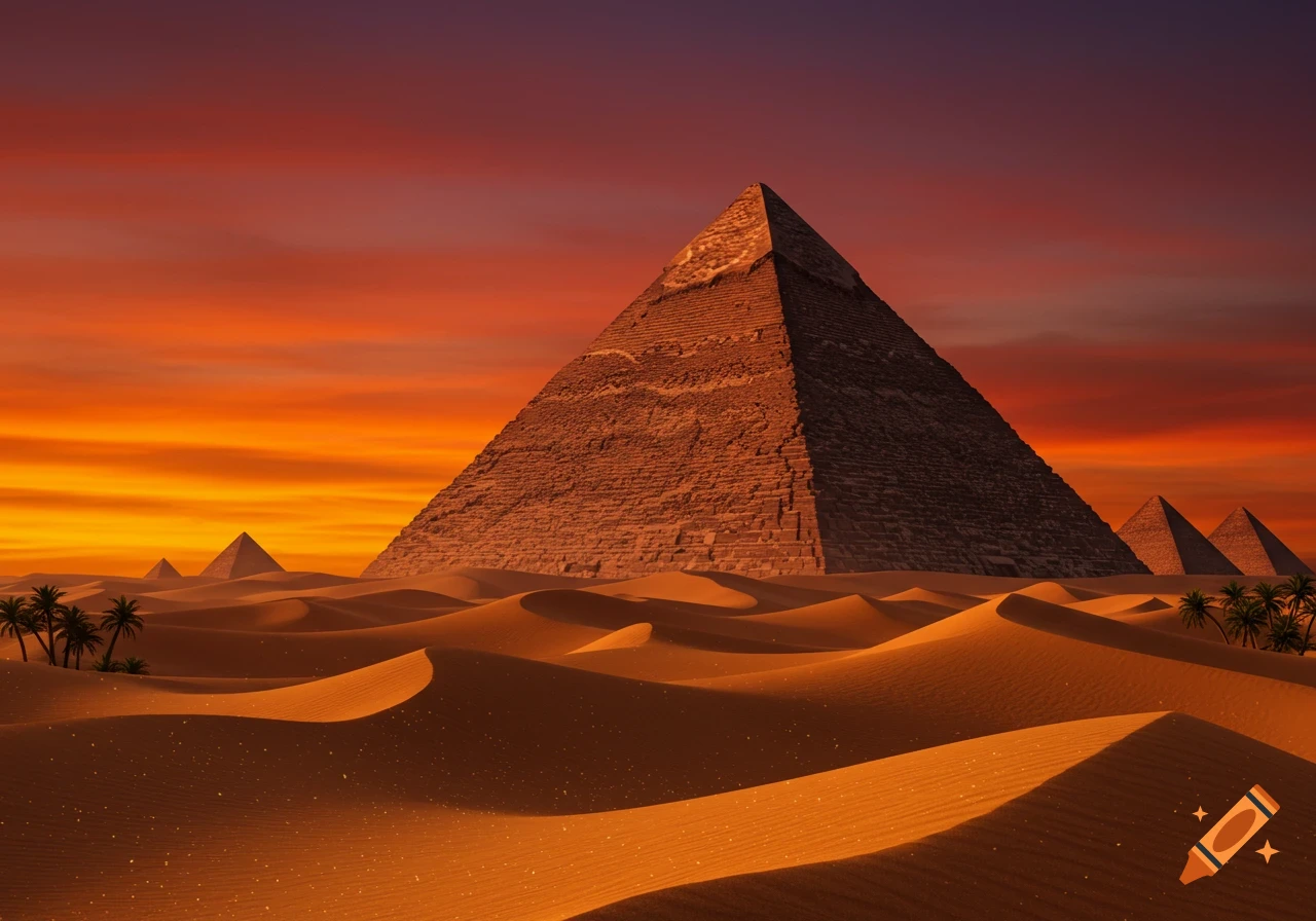 Photorealistic image of ancient pyramids in a vast desert with golden sand dunes under a vibrant orange and purple sunset sky.