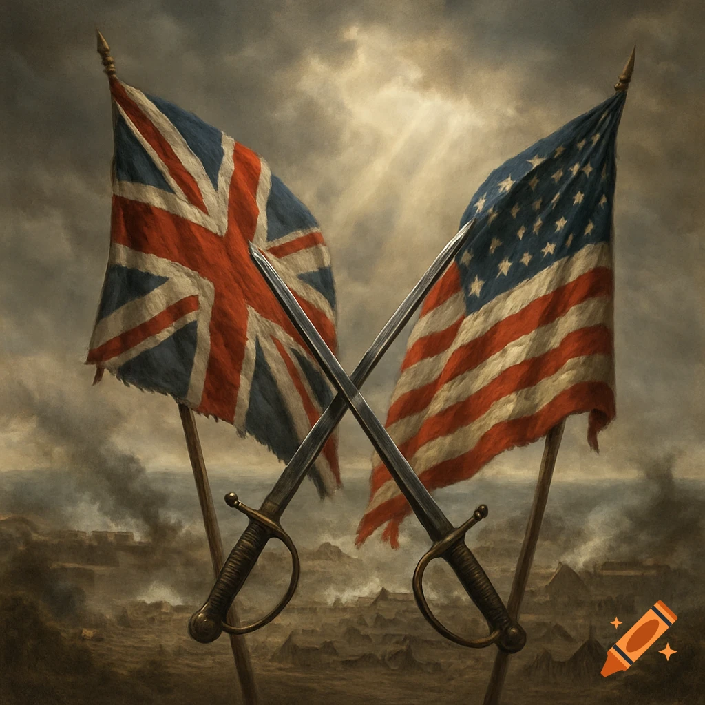 Painterly depiction of a British and American flag crossed with swords over a hazy battle scene.